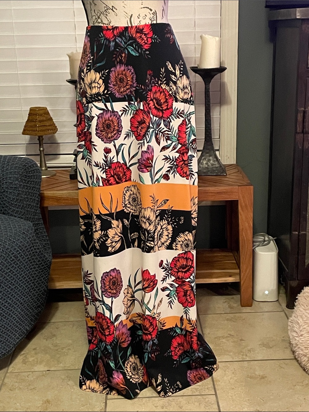 ECI Black Maxi Skirt with Cream, Orange & Red Floral Stripes
